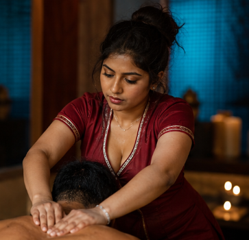 Balinese body massage with gentle stretching in progress