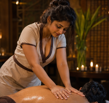 Harmony Bliss spa therapy room with soft ambient lighting